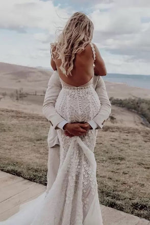 Charming Lace Spaghetti Straps Mermaid Backless Wedding Dresses, Boho Bridal Dresses OW0015