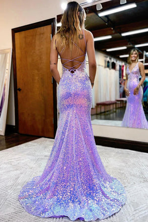Sparkly V Neck Mermaid Sequins Bead Lavender Long Prom Dresses, Evening Dresses OM0251