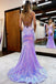 Sparkly V Neck Mermaid Sequins Bead Lavender Long Prom Dresses, Evening Dresses OM0251