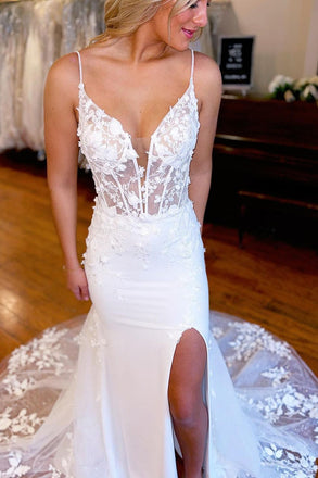 Elegant Mermaid Spaghetti Straps Lace V Neck Wedding Dresses With Slit, Bridal Dress OW0130