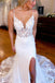 Elegant Mermaid Spaghetti Straps Lace V Neck Wedding Dresses With Slit, Bridal Dress OW0130