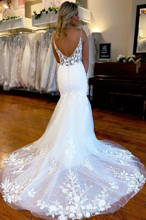 Elegant Mermaid Spaghetti Straps Lace V Neck Wedding Dresses With Slit, Bridal Dress OW0130