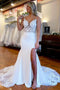Elegant Mermaid Spaghetti Straps Lace V Neck Wedding Dresses With Slit, Bridal Dress OW0130