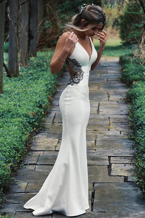 Mermaid V neck Ivory Open Back Long Prom Dresses, Evening Party Dresses OM0254