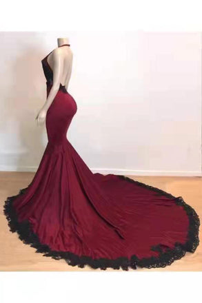 Burgundy Deep V neck Halter Mermaid Prom Dress With Lace Long Evening Dress OM0142