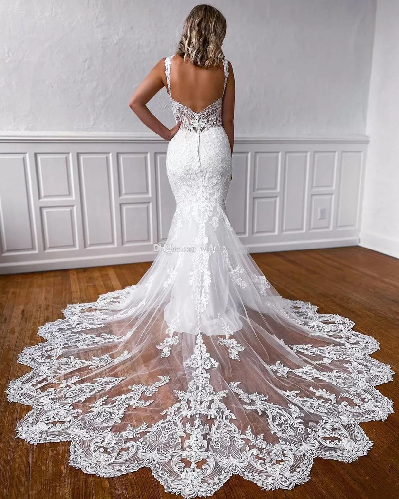 Elegant Mermaid V neck Straps Lace Appliques White Backless Wedding Dresses OW0017