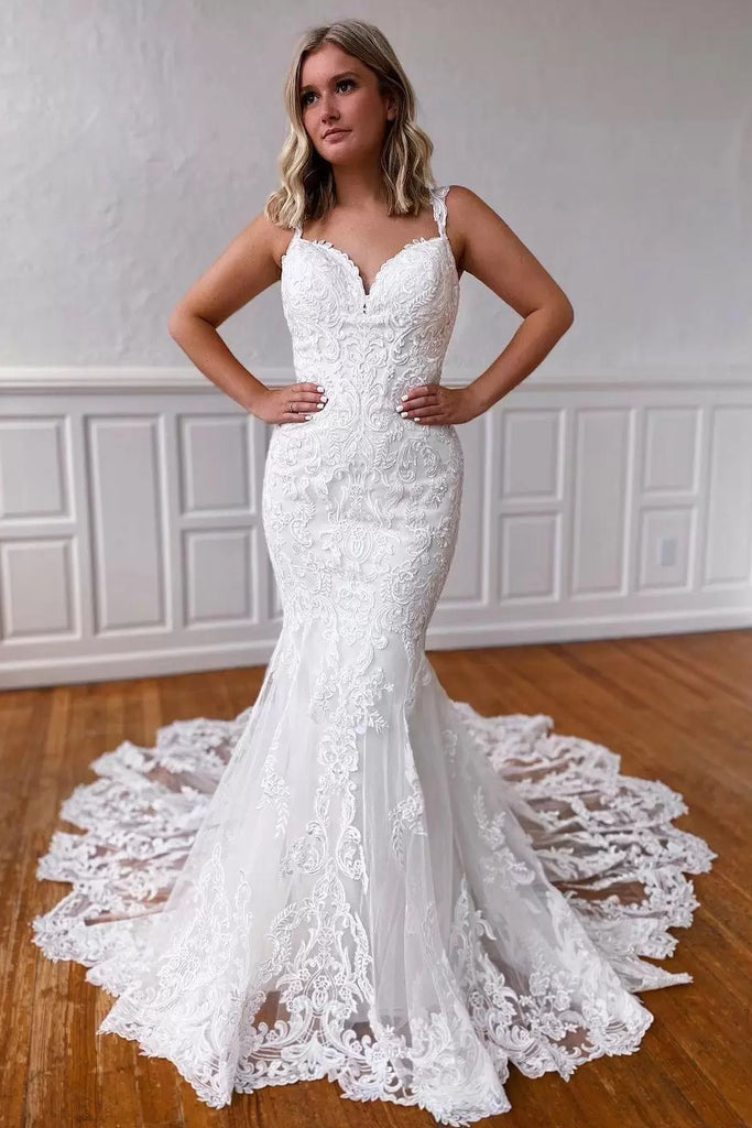 Elegant Mermaid V neck Straps Lace Appliques White Backless Wedding Dresses OW0017