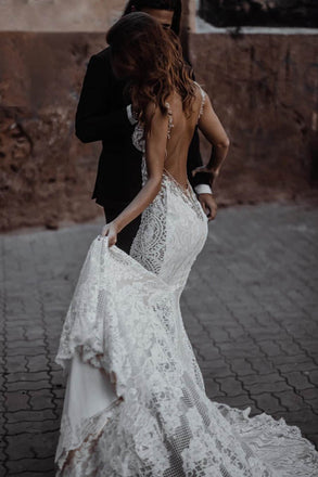 Sexy Mermaid Lace Illusion Deep V Neck Ivory Backless Beach Wedding Dresses, Bridal Gown OW0029