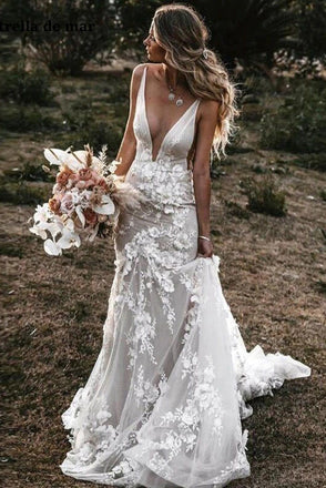 Charming Memaid V neck Backless Lace Appliques Tulle Wedding Dresses, Bridal Gown OW0010