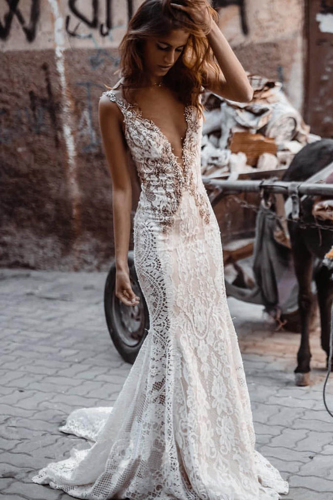 Mermaid Lace Illusion Deep V Neck Ivory Backless Beach Wedding Dress –  trendtydresses