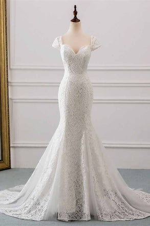 Mermaid White Lace Cap Sleeves Sweetheart Wedding Dresses, Long Bridal Gowns OW0063