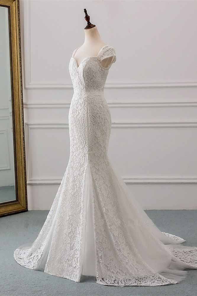 Mermaid White Lace Cap Sleeves Sweetheart Wedding Dresses, Long Bridal Gowns OW0063