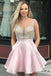 A Line V Neck Sleeveless Homecoming Dress, Beading Satin Short Prom Dresses PDN41
