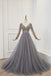 A Line Long Sleeves V Neck Grey Beading Prom Dresses PDS91