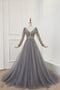 A Line Long Sleeves V Neck Grey Beading Prom Dresses PDS91