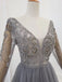 A Line Long Sleeves V Neck Grey Beading Prom Dresses PDS91