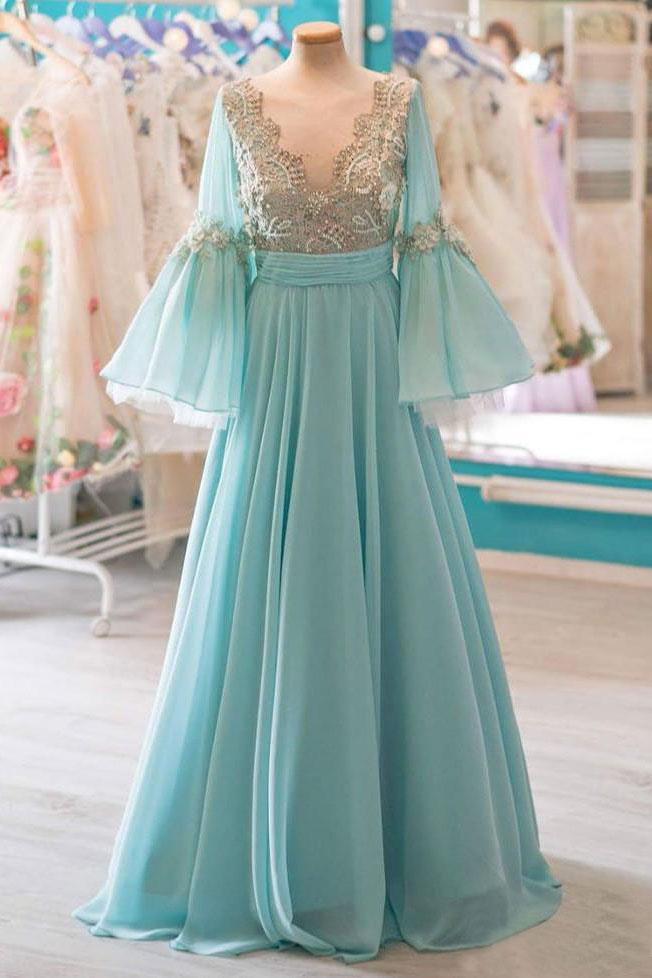 Modest A-line Chiffon Long Prom Dresses With Flare Sleeves PDK56