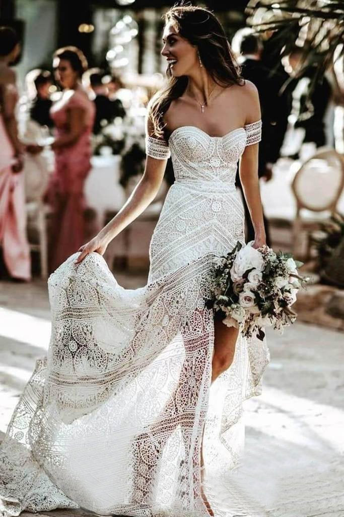 Sweetheart Sheath Lace Bridal Dress Beach Wedding Dresses With Slit PDP93