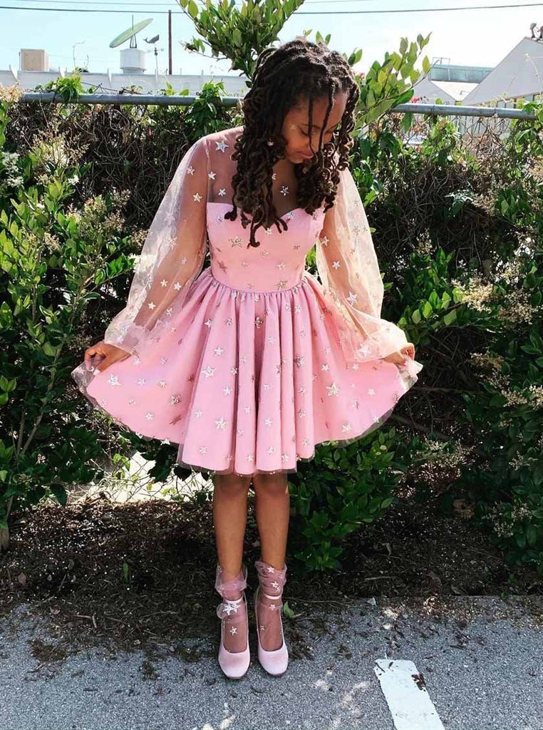 Pink Stars Long Sleeves Tulle Short Homecoming Dresses PPD48