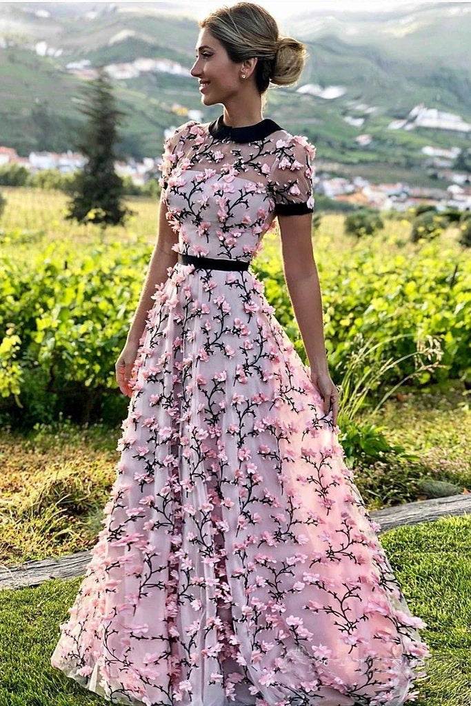 Floral Long Short Sleeves Cheap Prom Dresses with Appliques PDN12