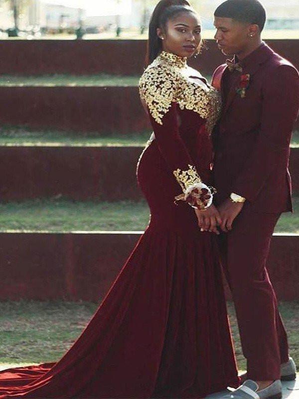 Trumpet/Mermaid High Neck Long Sleeves Applique Burgundy Plus Size Prom Dresses OKF40 – trendtydresses