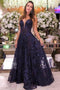 Navy Blue Lace Long Prom Dresses Spaghetti Strap V Neck Cheap Formal Dress PDI20
