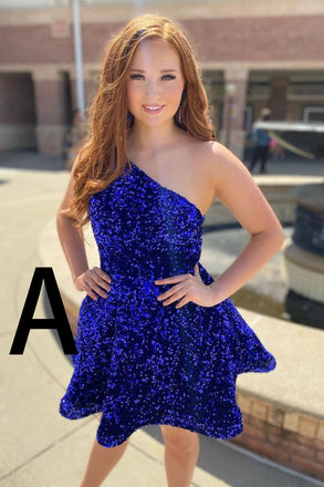 Glitter Navy Blue Sequins One Shoulder Short Prom Dress with Pockets, Mini Dress OMH0238
