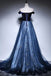 A Line Navy Blue Off the Shoulder Appliques Prom Dresses With Tulle, Evening Dress OM0326