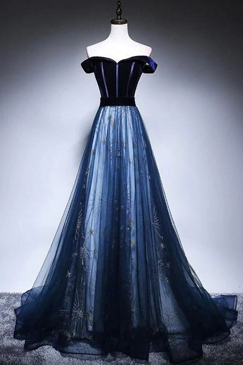 A Line Navy Blue Off the Shoulder Appliques Prom Dresses With Tulle, Evening Dress OM0326