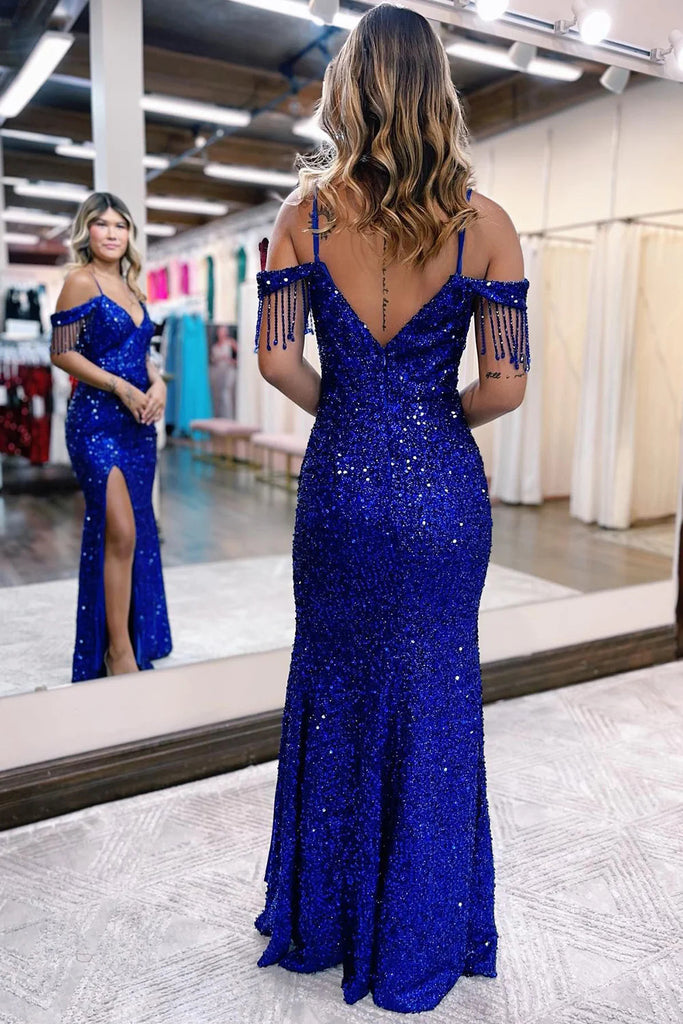 Sparkly Royal Blue Off the Shoulder Sequins Sheath V Neck Prom Dress with Fringes OM0373