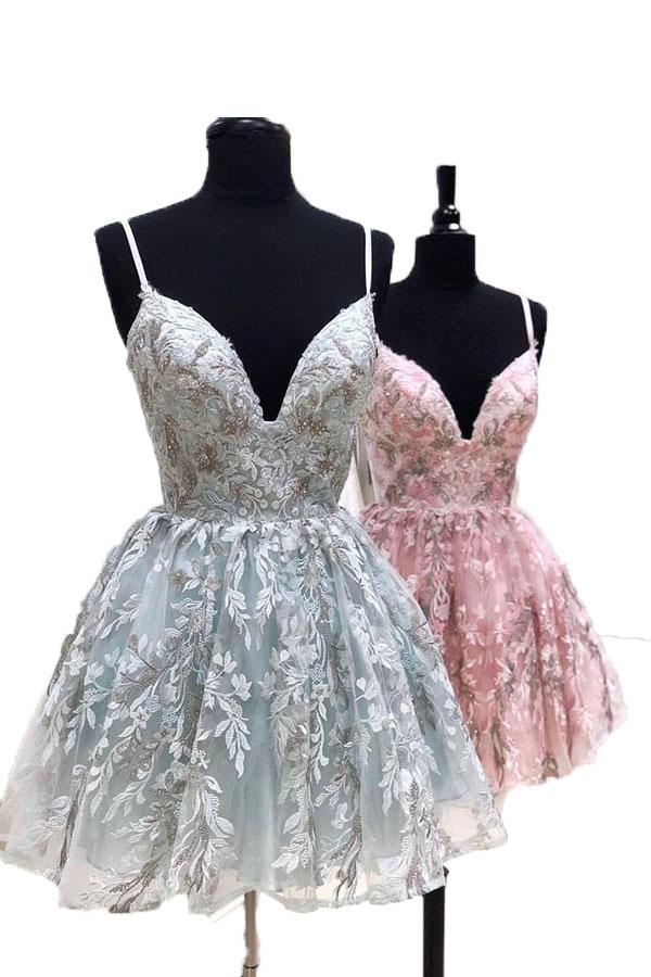 Spaghetti Straps Short Lace Appliques Homecoming Dresses, Cocktail Party Dress PPD54