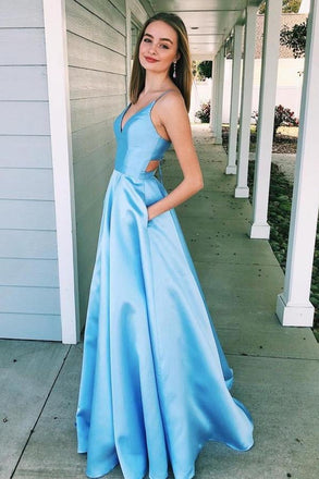 A-Line V-Neck Light Blue Spaghetti Straps Prom Dress with Pockets PDJ10
