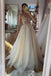A line Champagne Tulle Lace Long Prom Dresses, Sweetheart Spaghetti Straps Party Dress OM0023