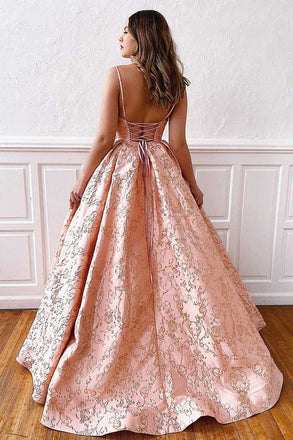 Chic Ball Gown Pink V neck Lace Prom Dresses, Spaghetti Straps Quinceanera Dresses OM0026