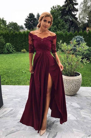 Off the Shoulder Half Sleeve Burgundy Modest Prom Dress,Bridesmaid Dresses with Slit PDH99