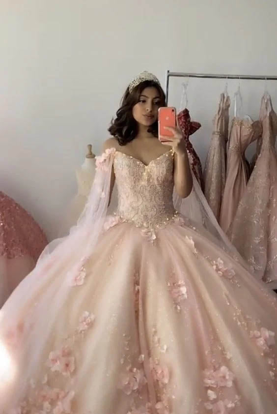 Ball Gown Pink 3D Flowers Off The Shoulder Quinceanera Dresses, Sweet 16 Dresses OM0309