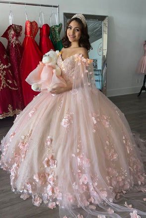 Ball Gown Pink 3D Flowers Off The Shoulder Quinceanera Dresses, Sweet 16 Dresses OM0309