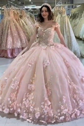 Ball Gown Pink 3D Flowers Off The Shoulder Quinceanera Dresses, Sweet 16 Dresses OM0309