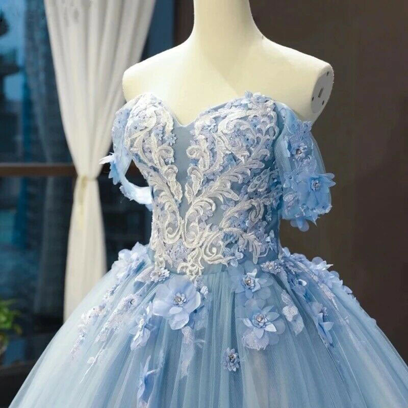 Princess Ball Gown Blue Off the Shoulder Appliques Tulle Quinceanera Dress, Prom Dresses OM0209