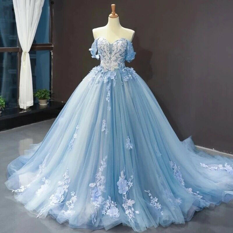 Princess Ball Gown Blue Off the Shoulder Appliques Tulle Quinceanera Dress, Prom Dresses OM0209