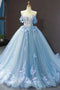 Princess Ball Gown Blue Off the Shoulder Appliques Tulle Quinceanera Dress, Prom Dresses OM0209