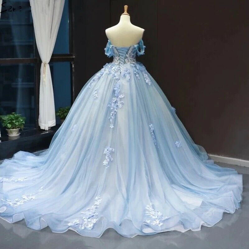 Princess Ball Gown Blue Off the Shoulder Appliques Tulle Quinceanera Dress, Prom Dresses OM0209