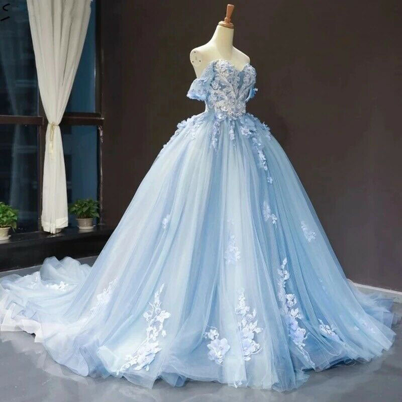 Princess Ball Gown Blue Off the Shoulder Appliques Tulle Quinceanera Dress, Prom Dresses OM0209