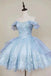 A Line Off The Shoulder Short Light Blue Lace Homecoming Dress, Short Prom Dress OMH0092