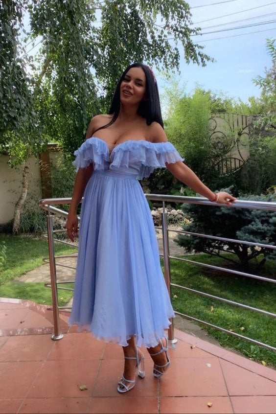 Simple Blue Off the Shoulder Tulle Tea Length Short Prom Dresses, Homecoming Dresses OM0192