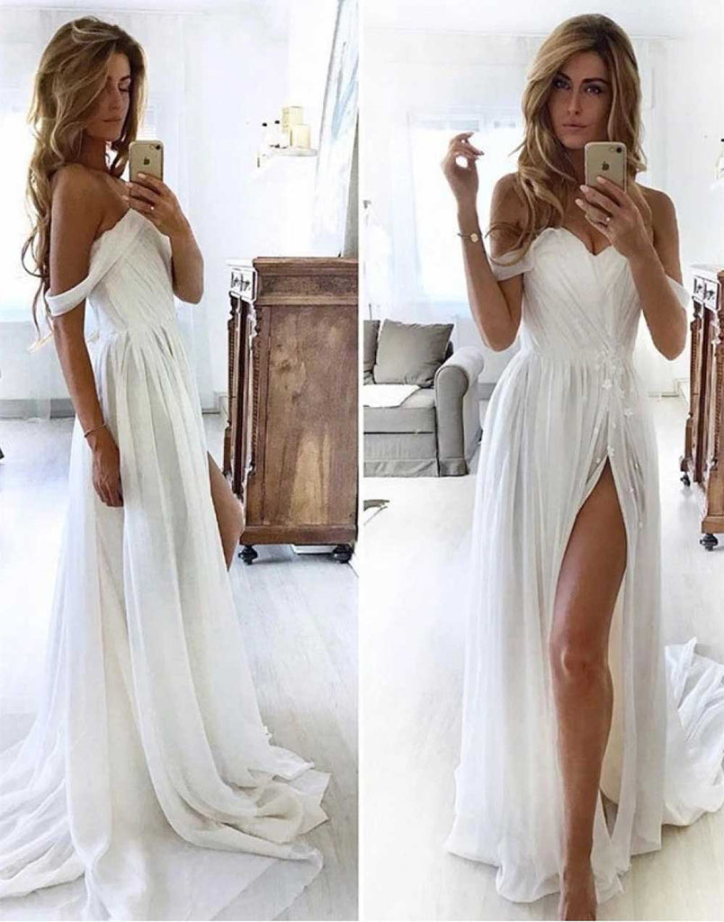 Simple A line Chiffon Ivory Sweetheart Off the Shoulder Wedding Dresses with Slit OW0019