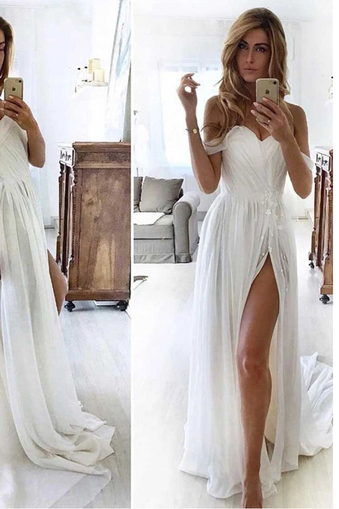 Simple A line Chiffon Ivory Sweetheart Off the Shoulder Wedding Dresses with Slit OW0019