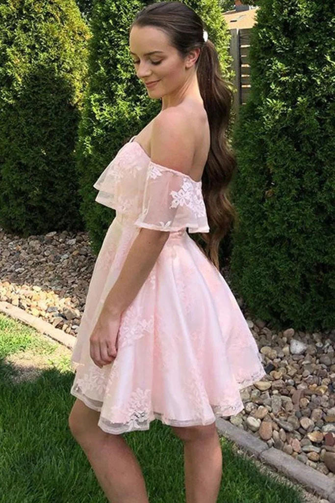 Light Pink Off The Shoulder Short Lace Homecoming Dress, Cute A line Prom Gowns OMH0230