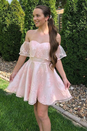 Light Pink Off The Shoulder Short Lace Homecoming Dress, Cute A line Prom Gowns OMH0230