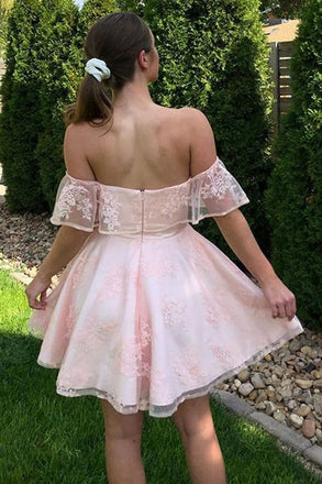 Light Pink Off The Shoulder Short Lace Homecoming Dress, Cute A line Prom Gowns OMH0230